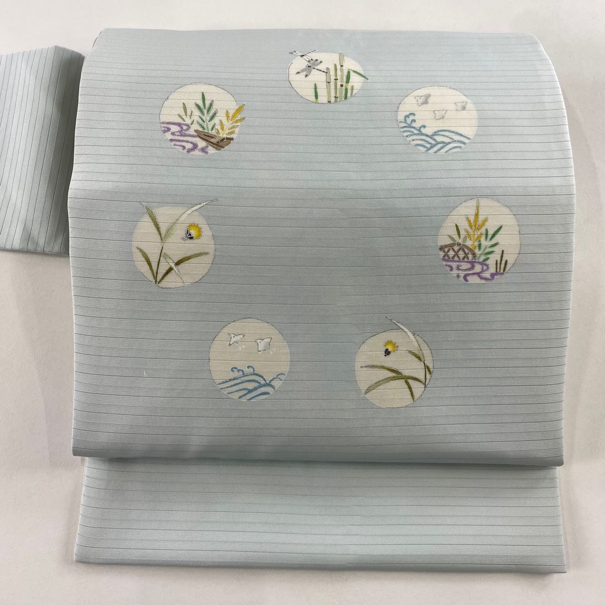 名古屋帯 名品 夏帯 絽 蛍 千鳥 銀彩 水色 正絹