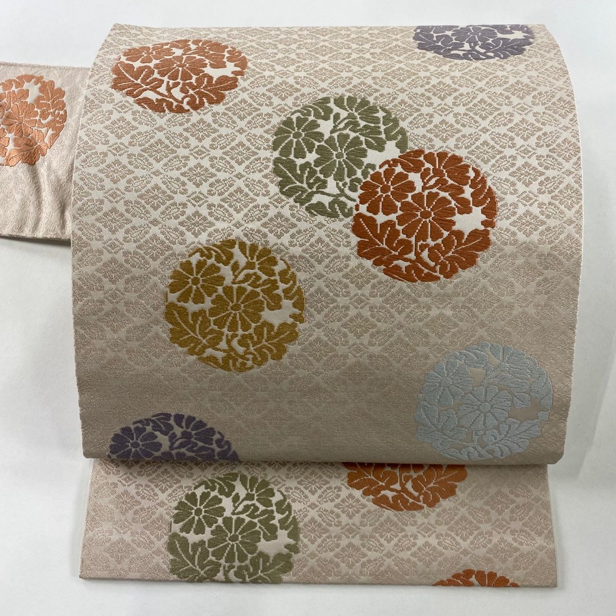 名古屋帯 名品 花丸紋 地紋 唐織 ピンクベージュ 正絹 【】