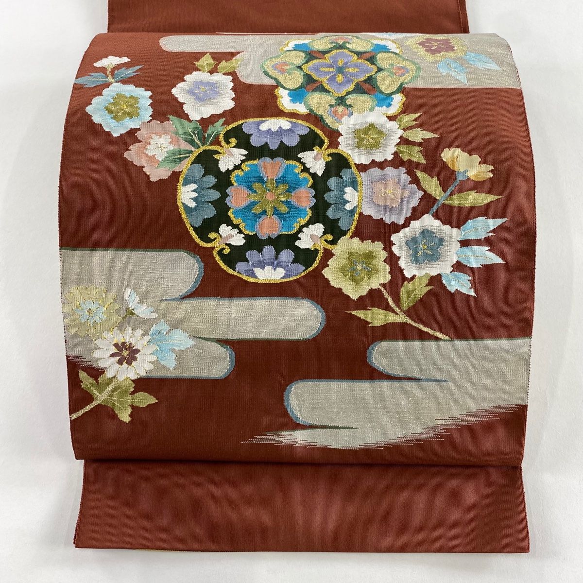 名古屋帯 名品 八寸名古屋帯 草花 霞 金銀糸 赤茶 正絹 【】