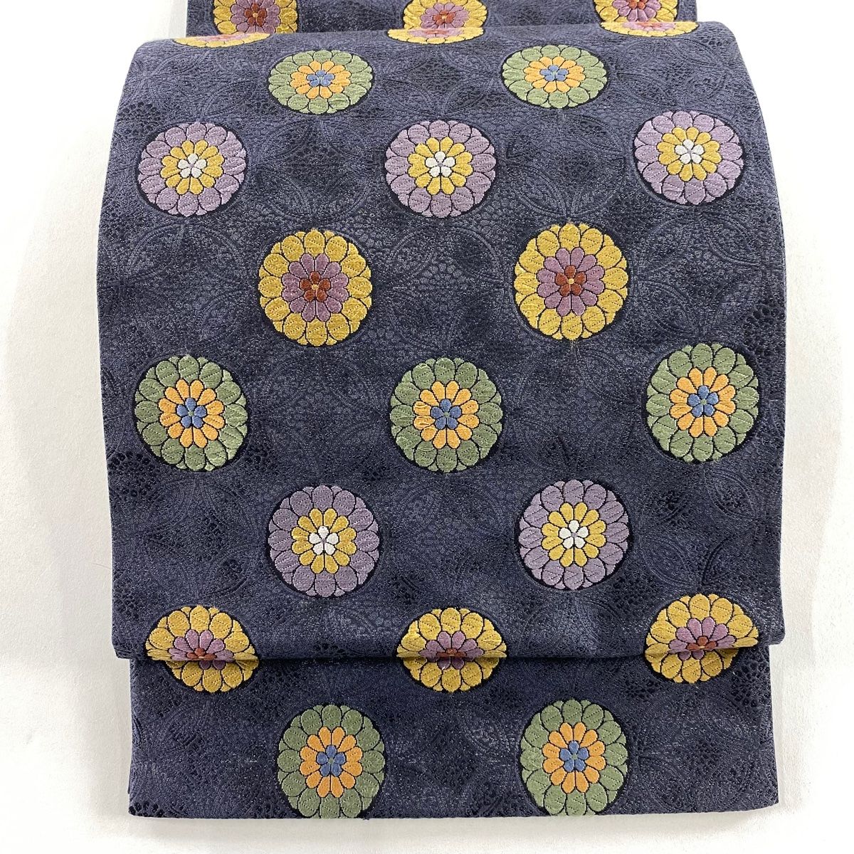 袋帯 名品 落款 花井幸子 花 七宝 刺繍 箔 墨色 六通 正絹