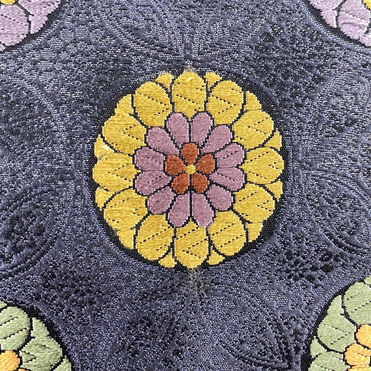 袋帯 名品 落款 花井幸子 花 七宝 刺繍 箔 墨色 六通 正絹