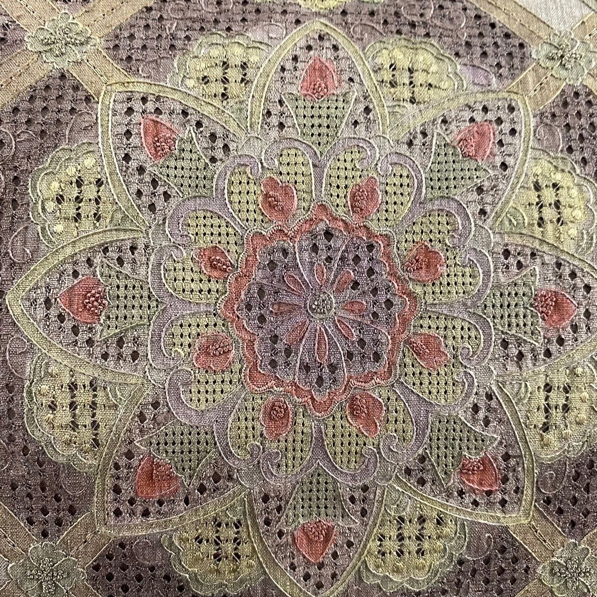 袋帯 名品 熨斗 花丸文 刺繍 紬地 茶緑色 六通 正絹