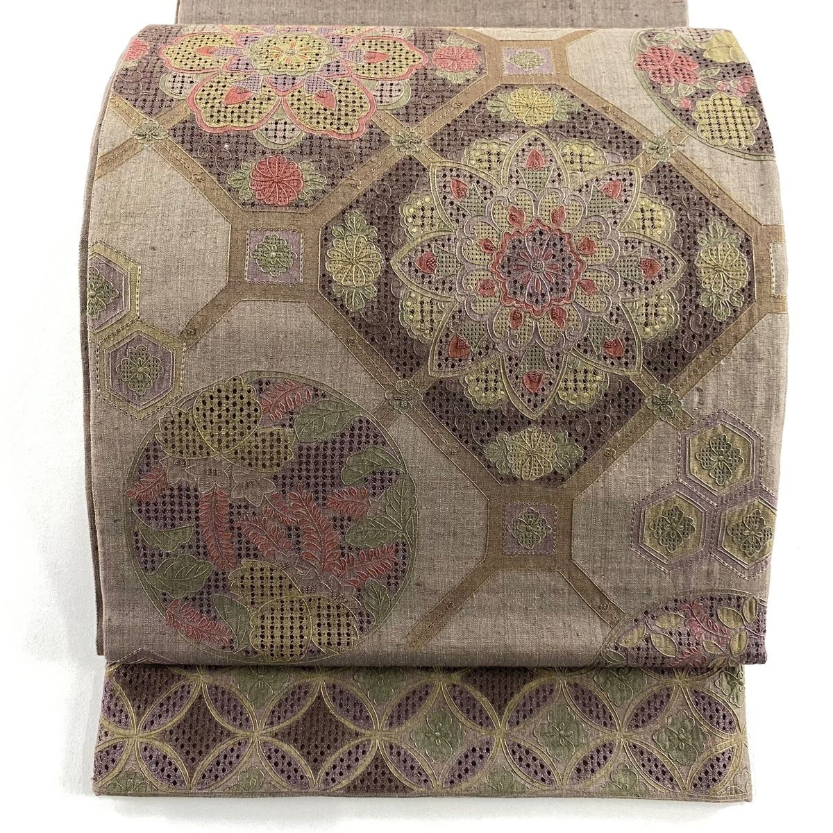 袋帯 名品 熨斗 花丸文 刺繍 紬地 茶緑色 六通 正絹