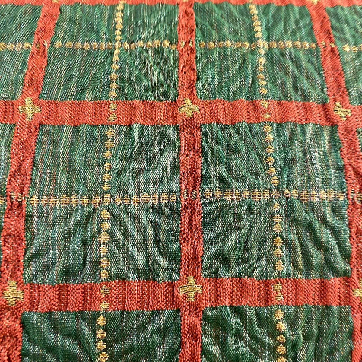 袋帯 名品 じゅらく 落款 格子 箔 銀糸 緑 六通 正絹