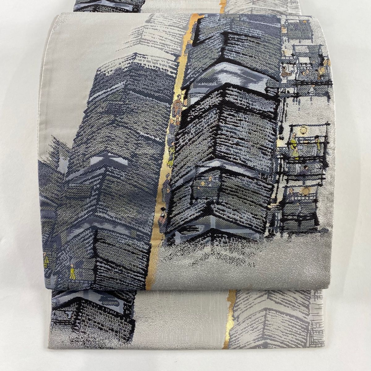 袋帯 名品 街並み 人物 箔 灰色 お太鼓柄 正絹