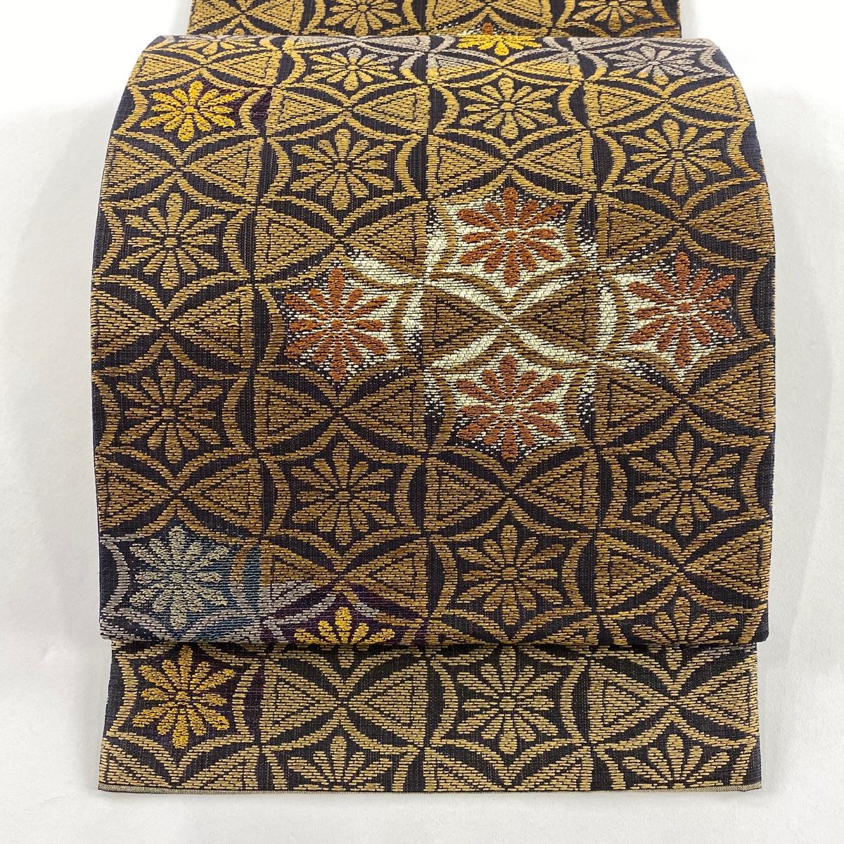 袋帯 花 幾何学 箔 灰紫 六通 正絹