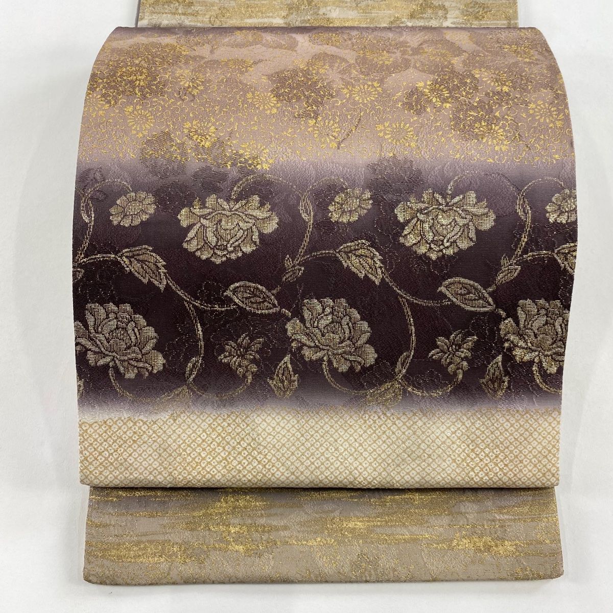 袋帯 名品 花唐草 幾何学 金銀彩 箔 薄茶色 六通 正絹