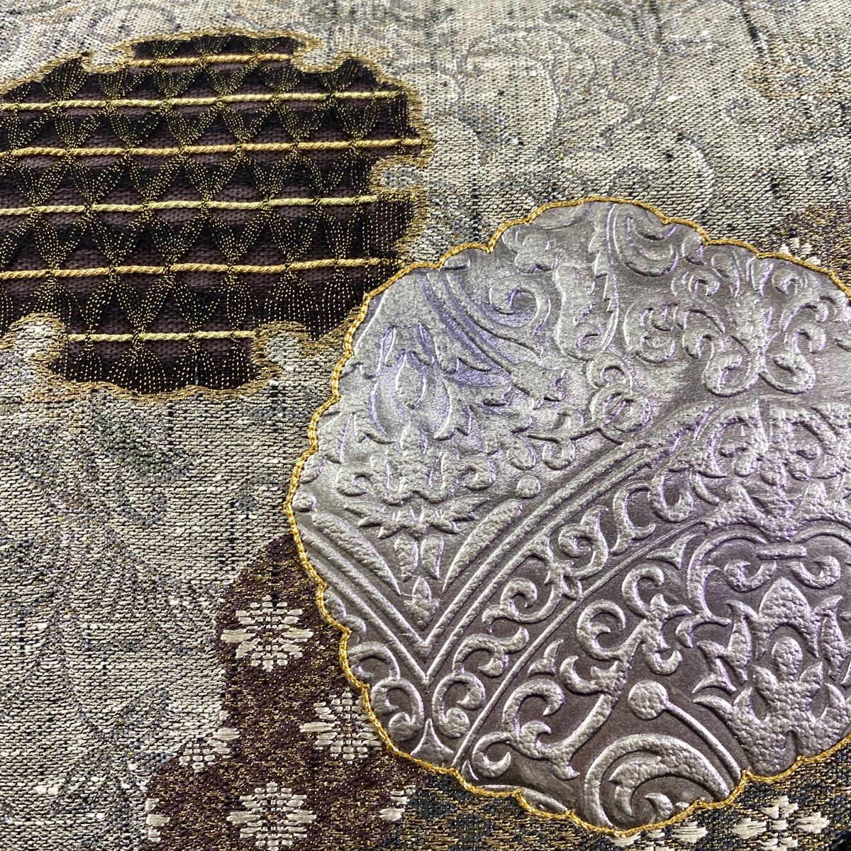 袋帯 名品 雪輪 花唐草 金銀糸 銀彩 墨色 お太鼓柄 正絹