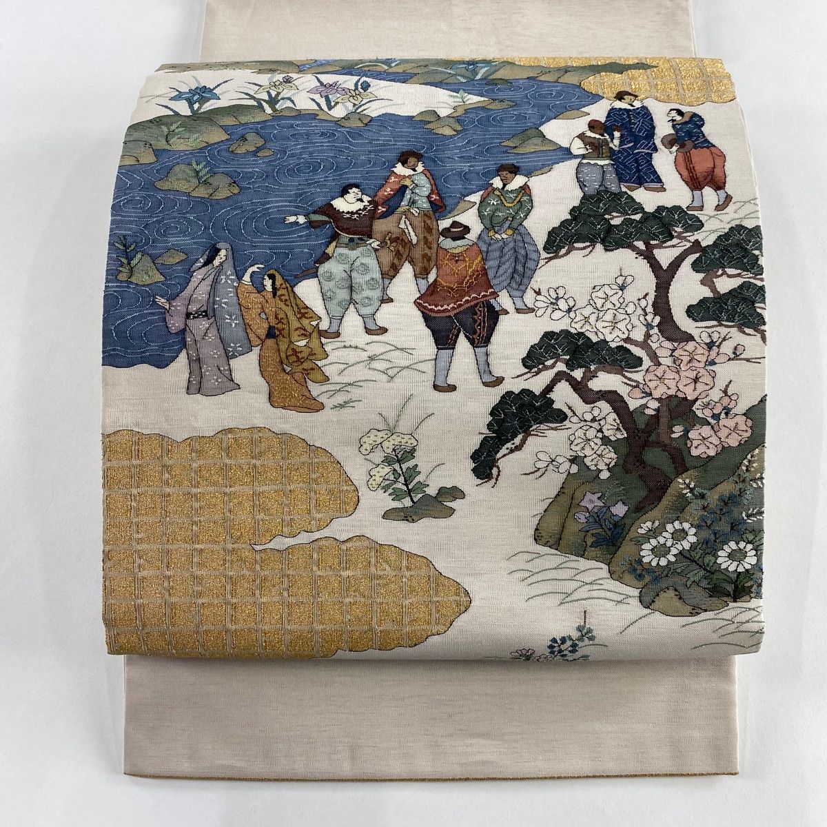 袋帯 名品 人物 草花 金糸 鶴れ ベージュ お太鼓柄 正絹