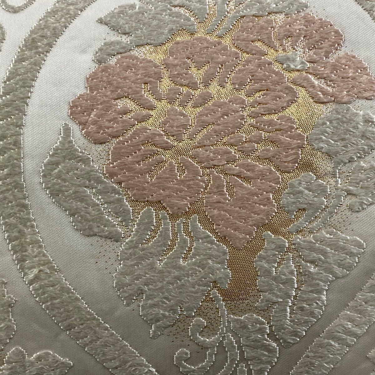 袋帯 名品 落款 河合康幸謹製 立涌 草花 唐織 箔 灰白 六通 正絹