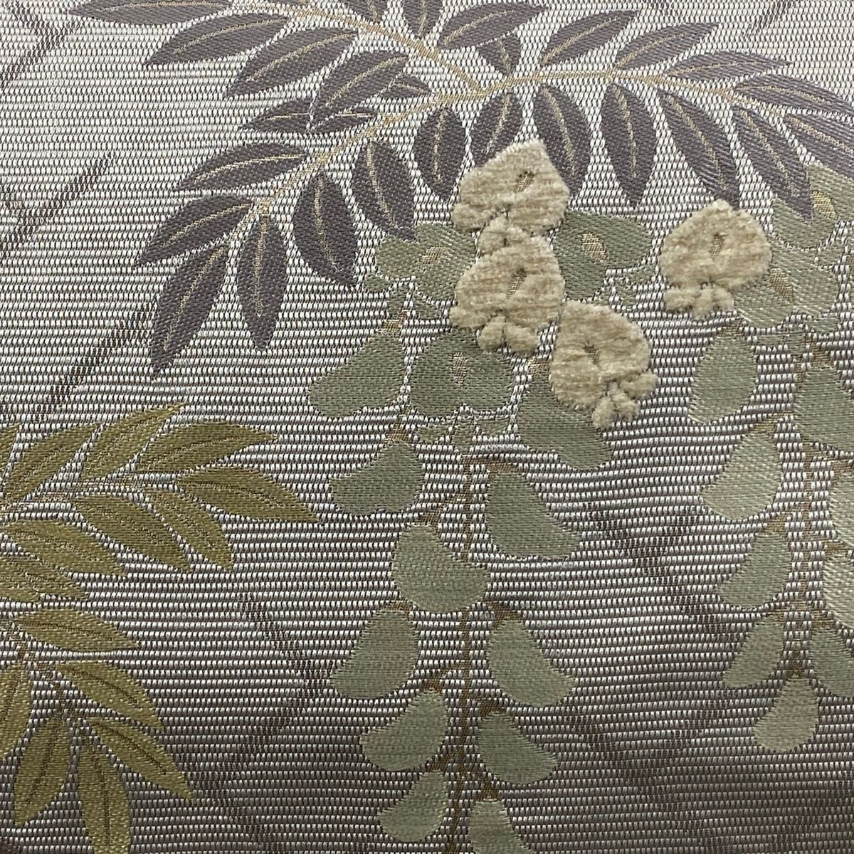 袋帯 名品 藤 檜垣 モール糸 箔 灰色 六通 正絹