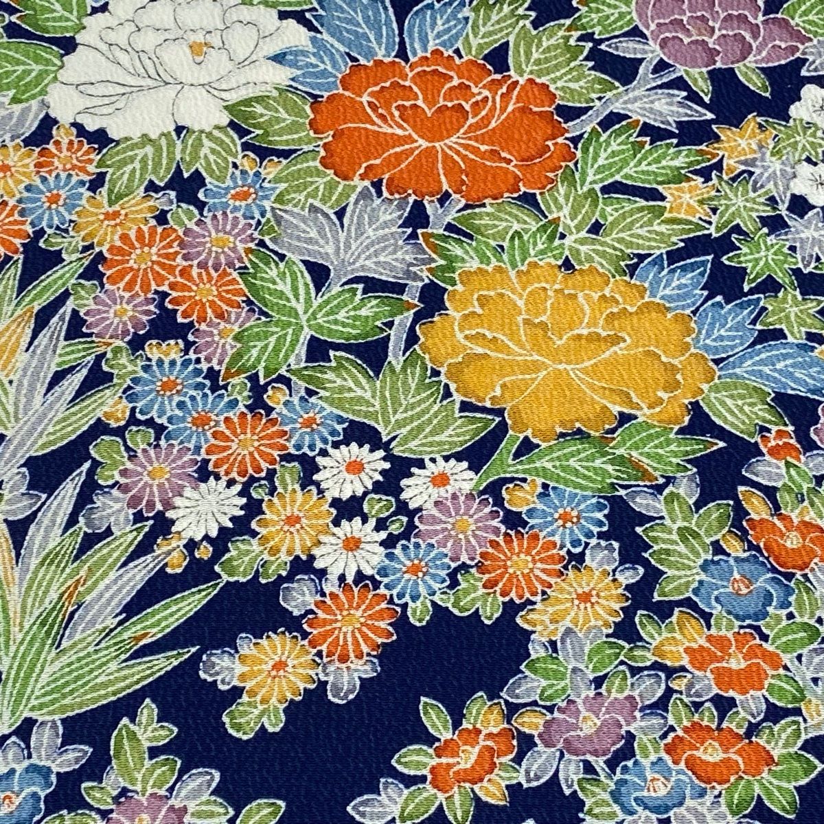 反物 秀品 小紋 牡丹 梅 縮緬 濃紺 正絹