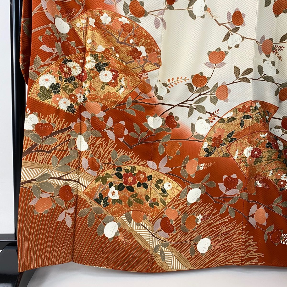 振袖 身丈166.5cm 裄丈65cm M 袷 袋帯フルセット 扇面 橘花 金糸 金彩 赤茶 正絹 秀品