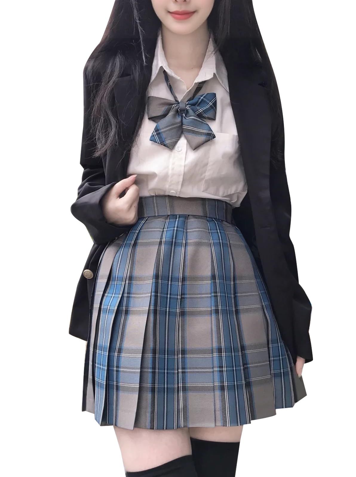 Qichenk 学校制服 5点セット 女子高生 女の子 コスプレ衣装 学生服 長袖シャツ JKスカート ブレザー リボン バッジ 学園祭 文化祭 パーティ 入学式 卒業式スーツ 写真撮影 ハロウィン 遊園地 可愛い フルセット コス
