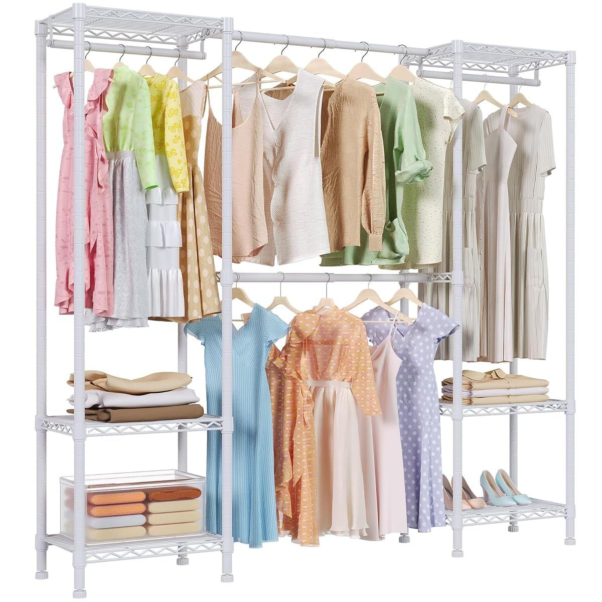 AZAKBL ハンガーラック 大容量 伸縮 幅148 188 cm ワードローブ メタルラック 頑丈 洋服ラック洋服掛け 組み立て簡単 衣類収納 高さ調節 省スペース おしゃれ ハンガーかけ コートハンガー 洋服収納 ホワイト 奥行4