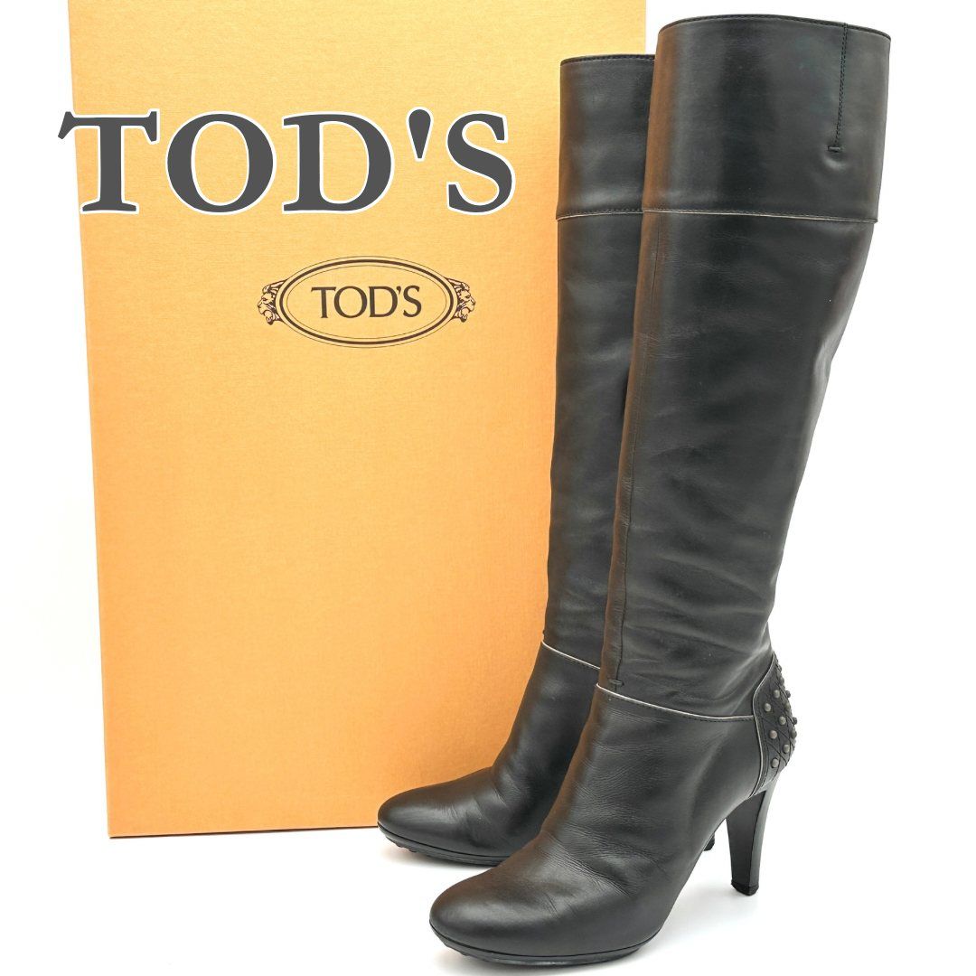 TOD S ロングブーツ 本革 サイドジップ ラウンドトゥ ブラック 1800T