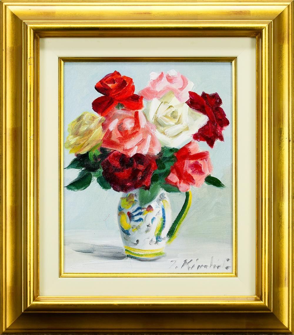 真作】【WISH】木下孝則 油彩 3号 美しく香る、花瓶に咲く薔薇 〇物故