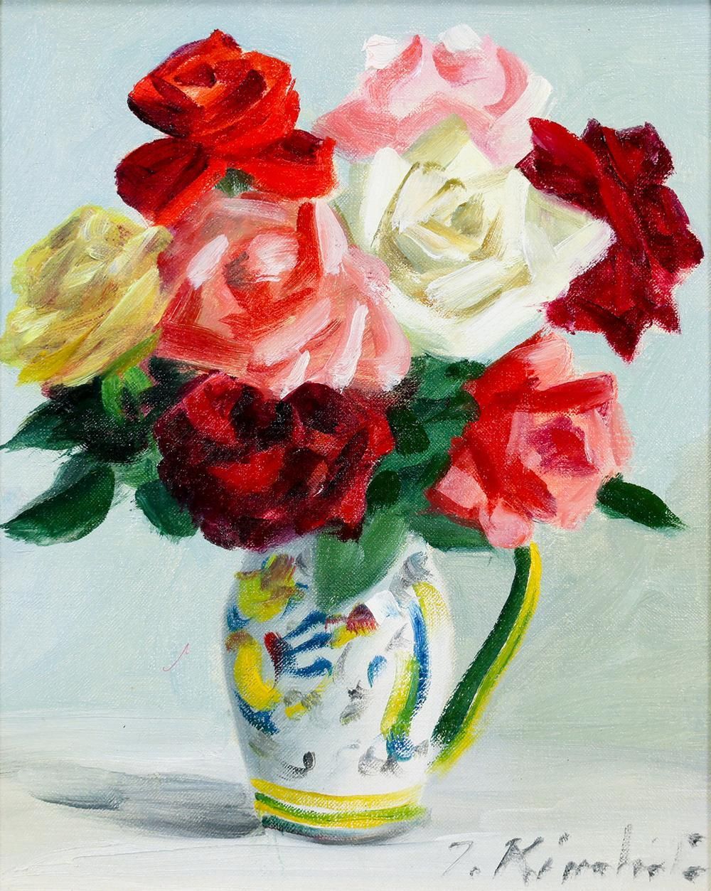 真作】【WISH】木下孝則 油彩 3号 美しく香る、花瓶に咲く薔薇 〇物故