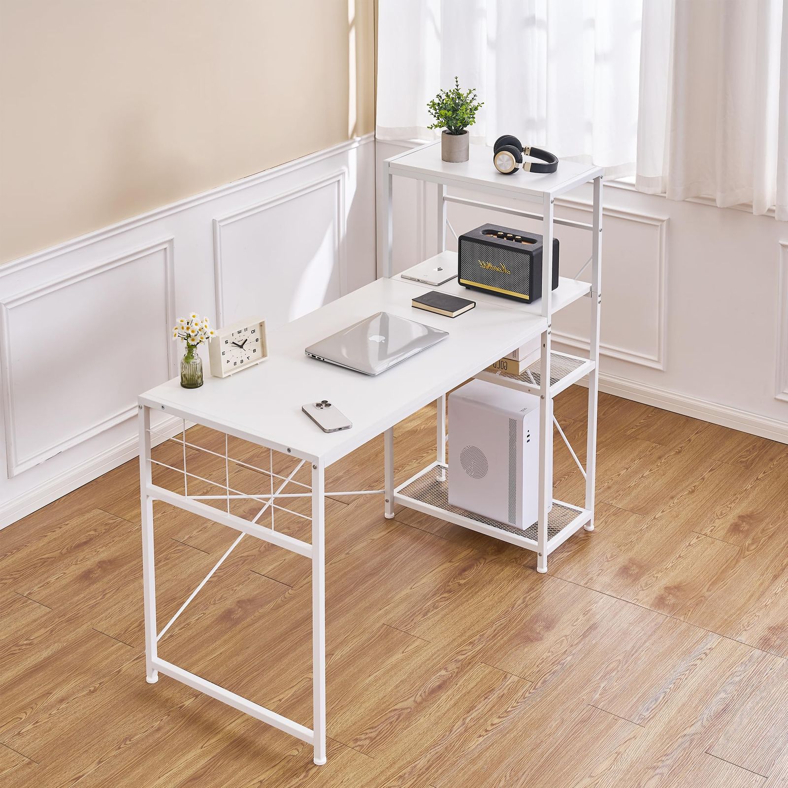 VECELO パソコンデスク 幅130×奥行55×高さ74cm 棚付デスク A4対応 オフィスデスク 本棚 コンパクト 仕事 手入れ簡単 ゲーム ?公? ホワイト