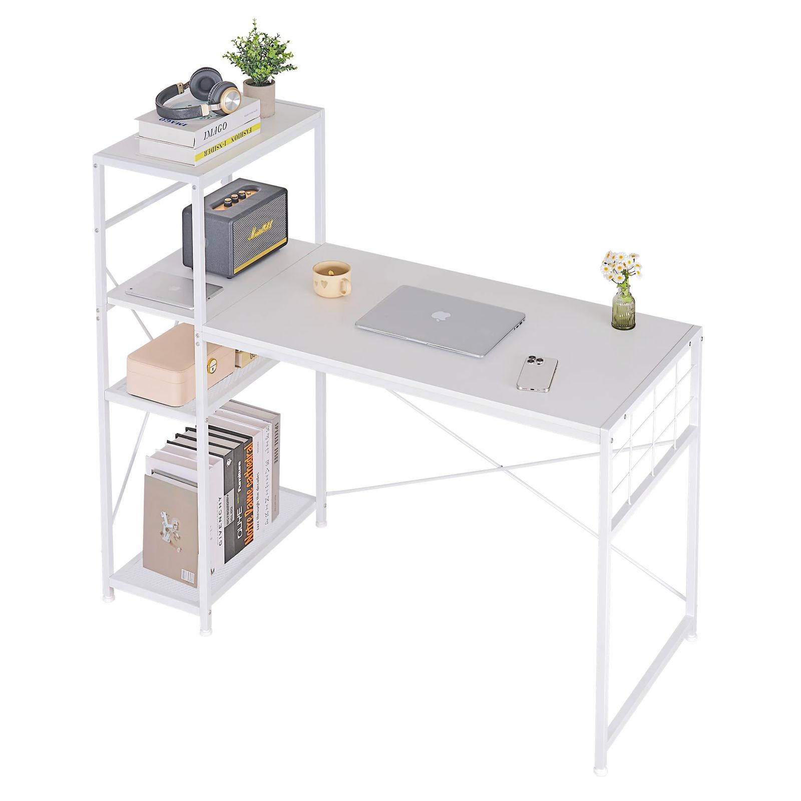VECELO パソコンデスク 幅130×奥行55×高さ74cm 棚付デスク A4対応 オフィスデスク 本棚 コンパクト 仕事 手入れ簡単 ゲーム ?公? ホワイト