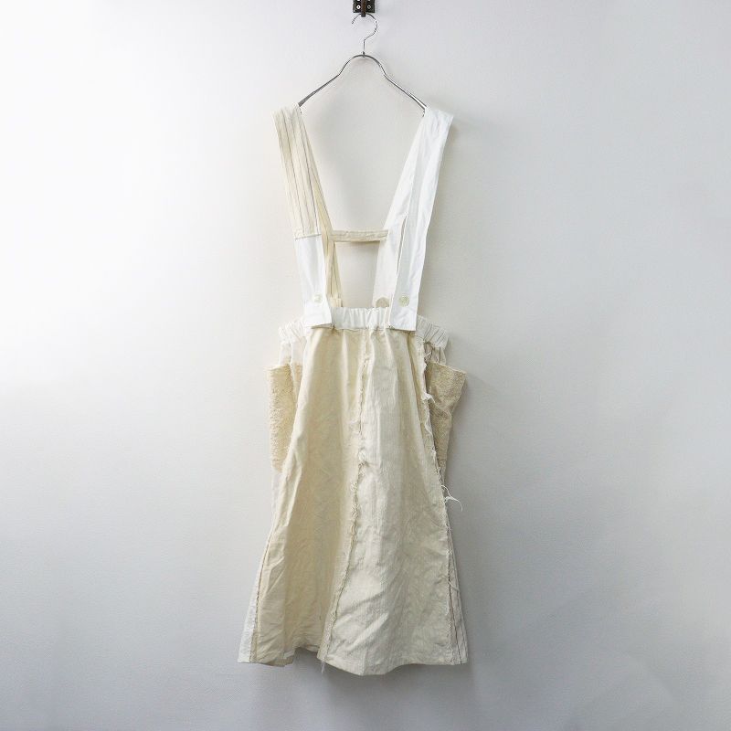 服飾作家 オガワトモコ ミシンステッチ パッチワークサスペンダースカート ベージュホワイト ┃吊りスカート 2400014668681