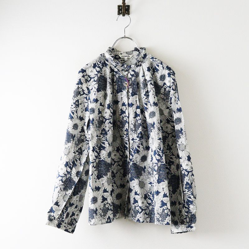 定価1.5万 クーポール CouPole リバティプリント スイムダンク フリル 長袖シャツ 38 ネイビー┃花柄 2400014669534