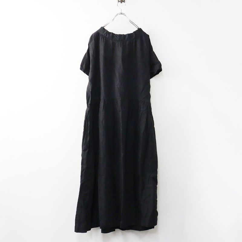 リゼッタ Lisette リネン ウエストギャザーショートスリーブワンピース ブラック┃黒 チュニック 麻 ワイド フ 2400014678116