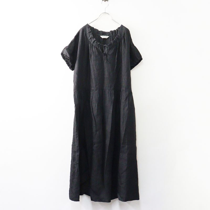 リゼッタ Lisette リネン ウエストギャザーショートスリーブワンピース ブラック┃黒 チュニック 麻 ワイド フ 2400014678116