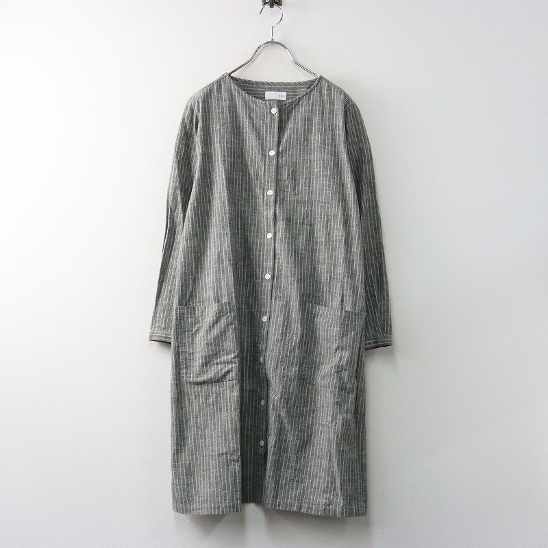 ハウス HUIS 遠州織物 U203 シーチングコットンワンピース F‖グレー ドレス ストライプ ノー 前開き 2400014675696