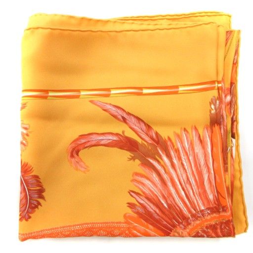 エルメス HERMES BRAZIL カレ90 スカーフ 総柄 羽 ロゴ シルク オレンジ AE