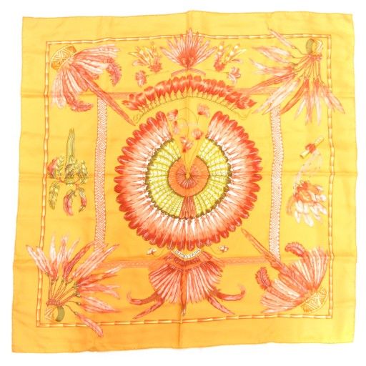 エルメス HERMES BRAZIL カレ90 スカーフ 総柄 羽 ロゴ シルク オレンジ AE