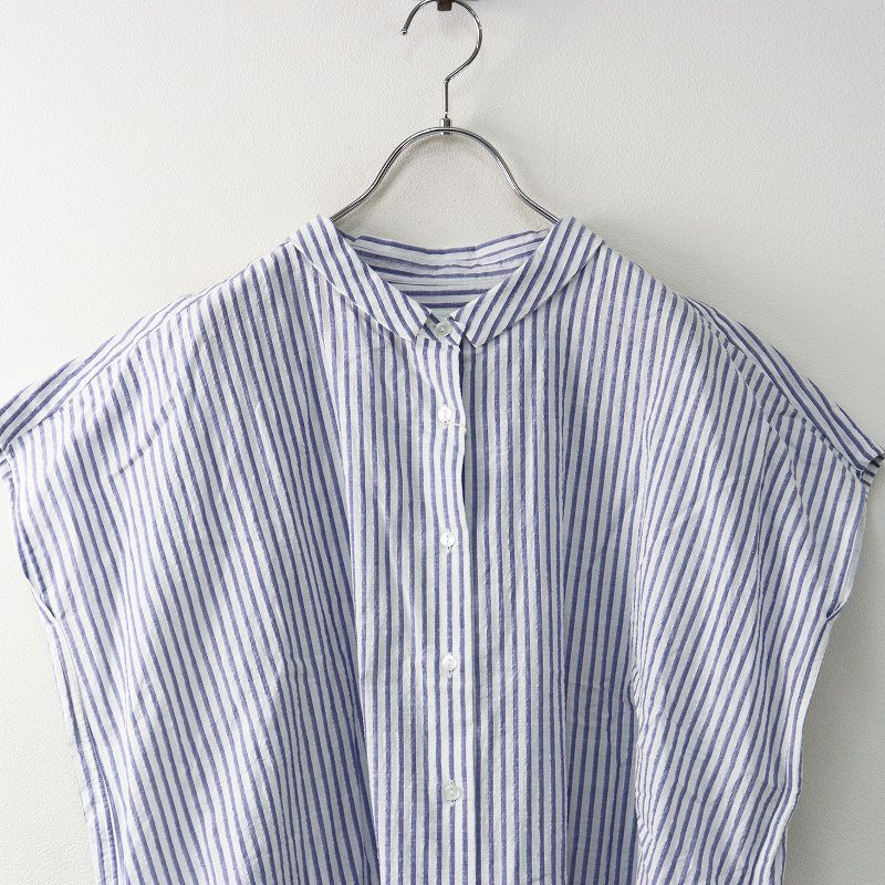 お見逃しなく! ハウス HUIS 遠州織物 U103 空羽コードレーンフレンチスリーブワイドブラウス F‖ブルー×ホワイト トップス 2400014675719