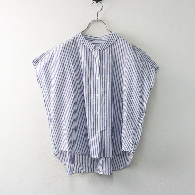 ハウス HUIS 遠州織物 U103 空羽コードレーンフレンチスリーブワイドブラウス F‖ブルー×ホワイト トップス 2400014675719