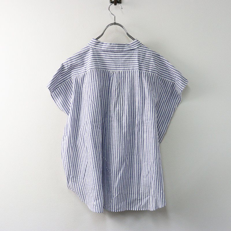 ハウス HUIS 遠州織物 U103 空羽コードレーンフレンチスリーブワイドブラウス F‖ブルー×ホワイト トップス 2400014675719