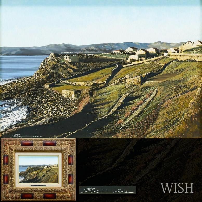 真作 WISH 藤田西洋 リオ デ アレーサ 油彩 3号 朝陽に染まる断崖の町 〇リアリズム巨匠 フランドル派絵画