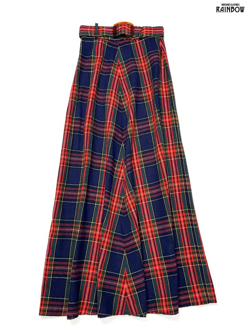 古着 ベルト付き ユニオンメイド チェック柄 ウール ロング丈 スカート 紺 btu2509112