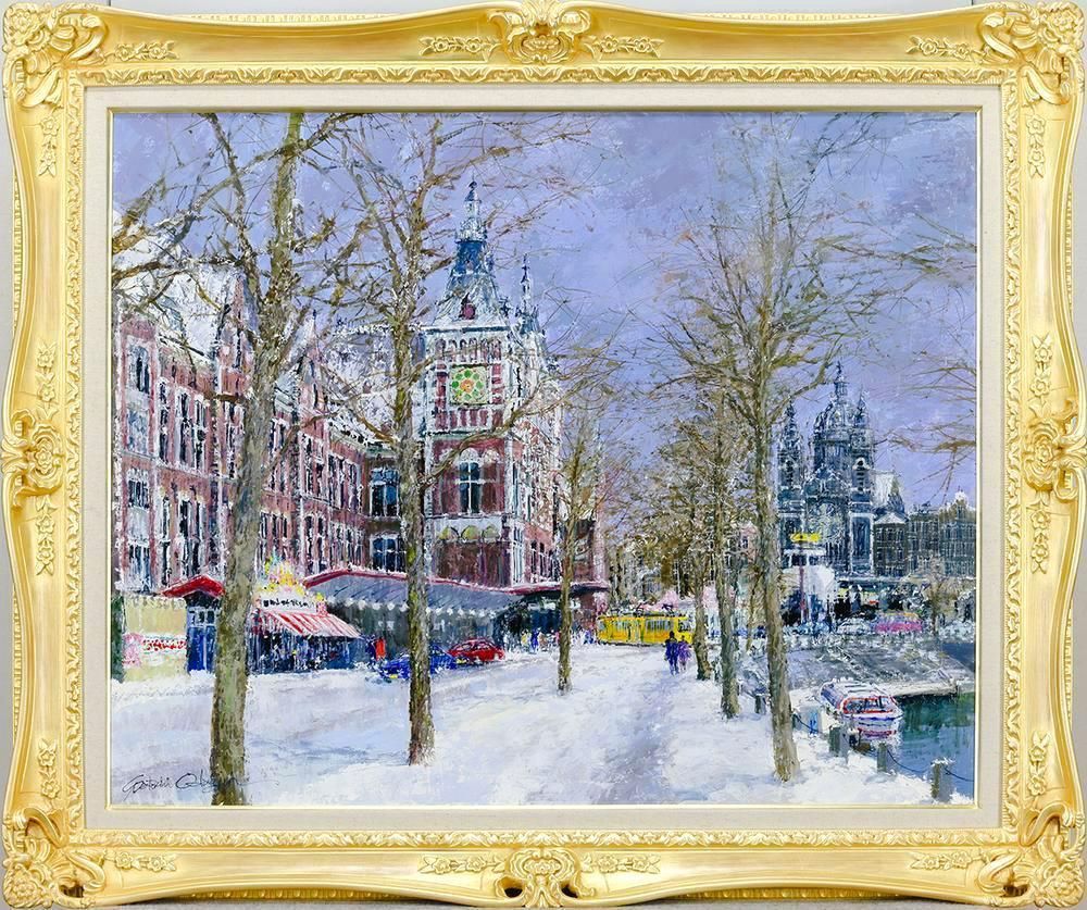 真作】【WISH】小田切訓「運河に沿って」油彩 30号 大作 ◇白銀に