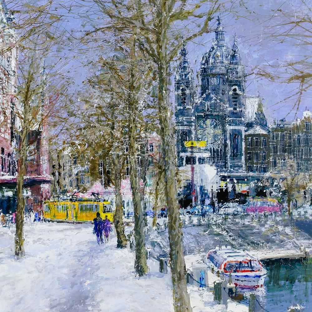 絵画 小田切訓 運河沿いの並木 美品 75/250 絵画 小田切訓 運河沿いの