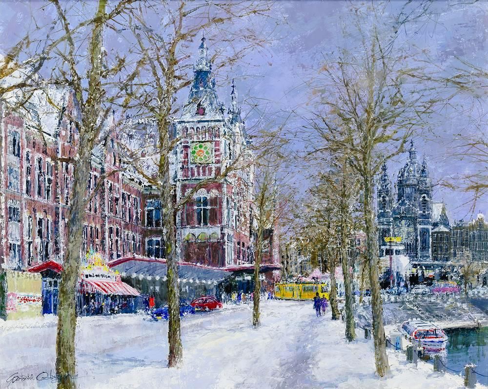 真作】【WISH】小田切訓「運河に沿って」油彩 30号 大作 ◇白銀に