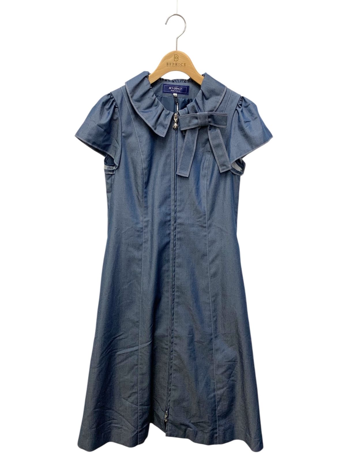 エムズグレイシー 511353 ワンピース 38 ネイビー 衿フリル リボン ジップアップ ITM2GZCJBD59