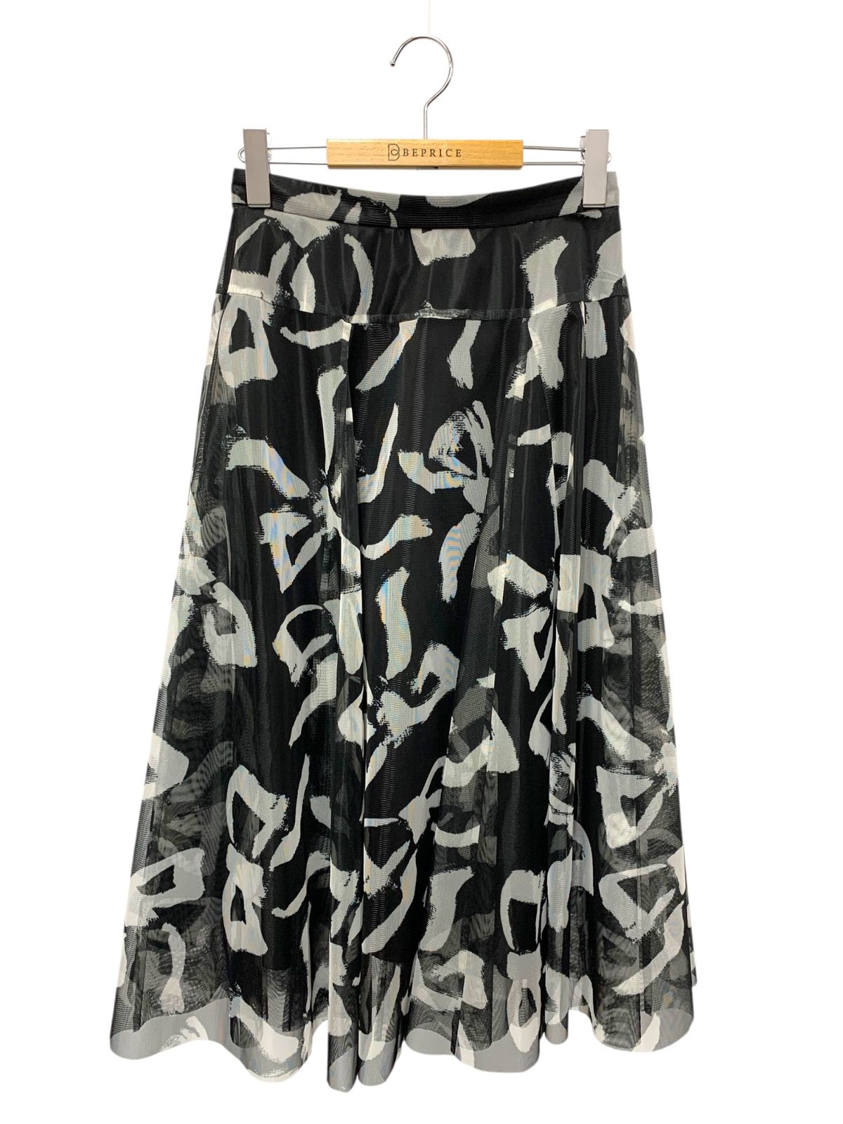 エムズグレイシー リボンプリントチュール 517110 スカート 38 ブラック IT55BXGQPACW