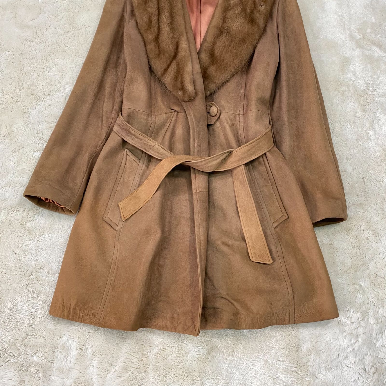 ヴィンテージ 80s USA製 スエード コート ベージュ VINTAGE ファー ベルト付き レディース 70～80's レディース USA製 リアルレザー ファー付き スウェードコート