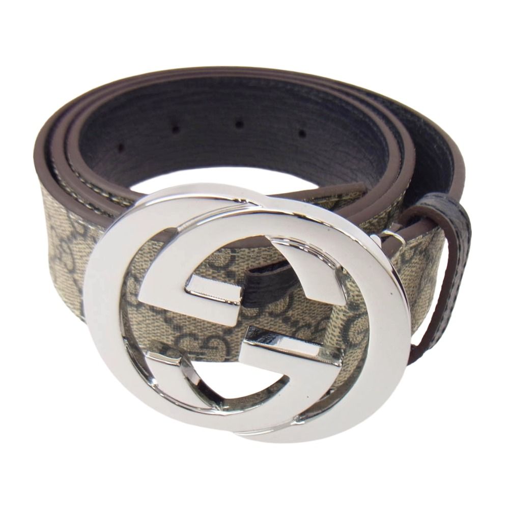 GUCCI グッチ 114984 525040 グッチシマ GG インターロッキングGバックル シルバー金具 レザー ベルト グレー系 ネイビー系