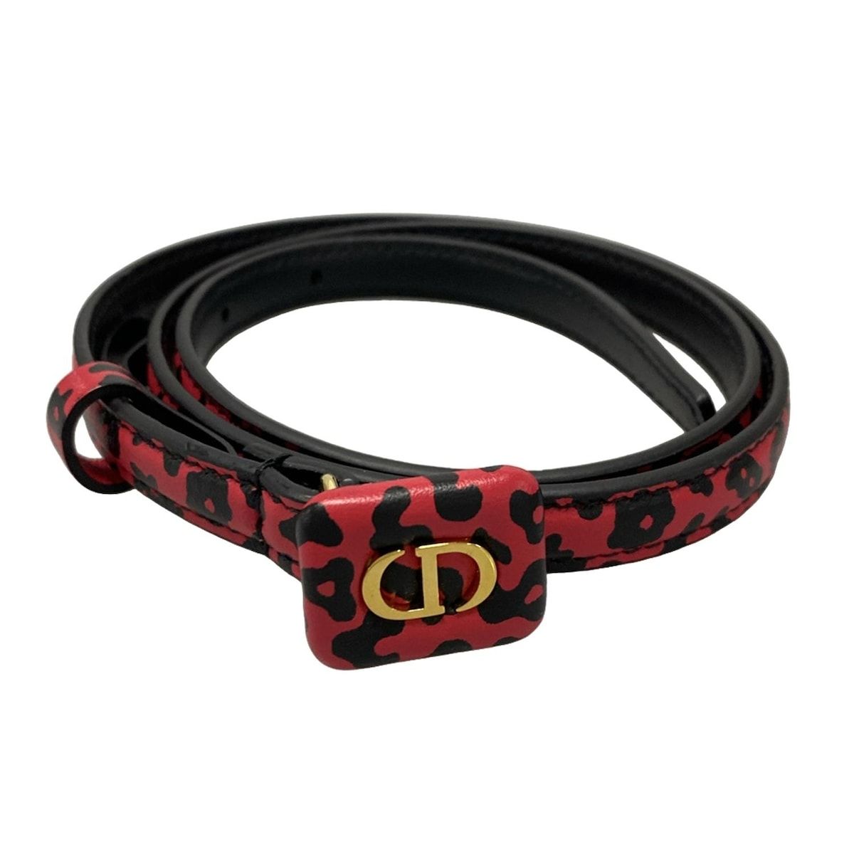 DIOR ChristianDior ディオール クリスチャンディオール ベルト 70 レッド×黒×ゴールド CDロゴバックル 豹柄 レザー