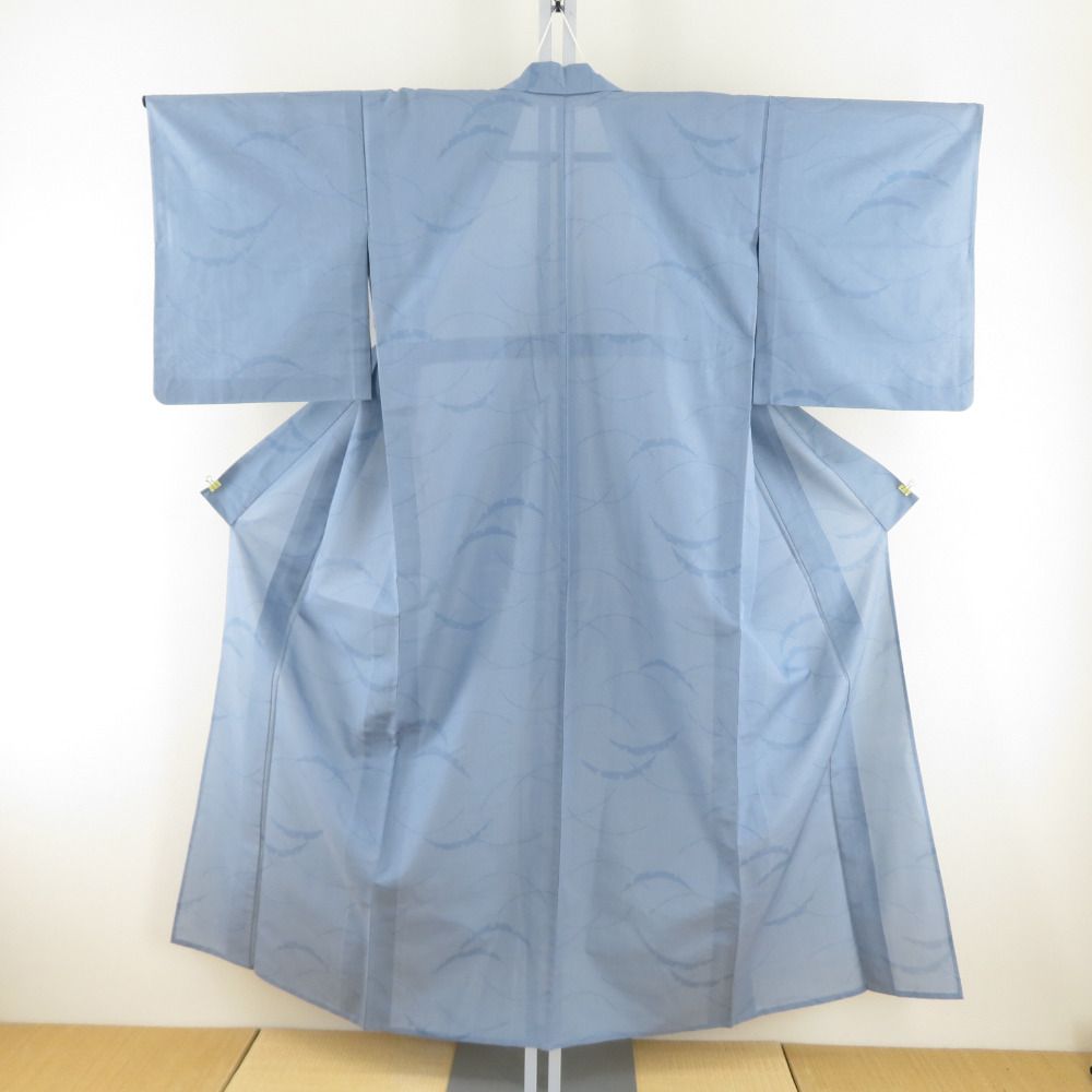 紬 着物 夏紬 正絹 青色x白色 単衣 雪輪芝草模様 バチ衿 カジュアル