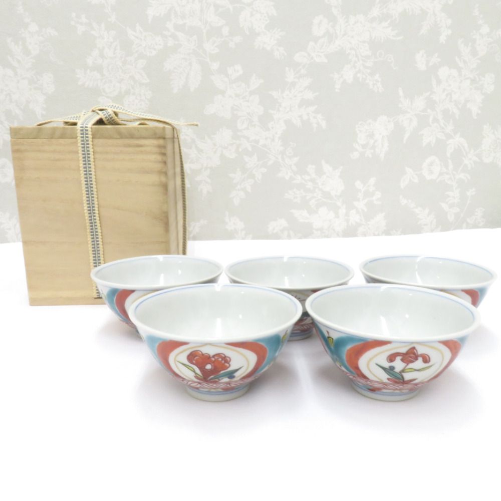 九谷焼 骨董 民芸品 稲手忠弘 色絵草花文 煎茶碗 湯呑 5客組 茶器 箱有 陶歴有