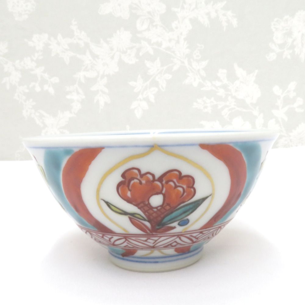 九谷焼 骨董 民芸品 稲手忠弘 色絵草花文 煎茶碗 湯呑 5客組 茶器 箱有 陶歴有