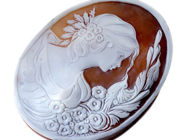 ジュエリー ORSAL作 二羽の鳥と美しい貴婦人 シェルカメオルース 85.5mｍ×64.5ｍｍ a2814il