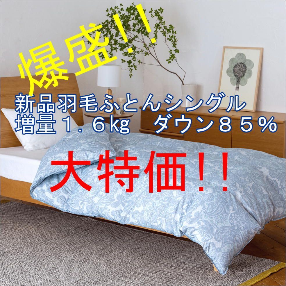 シングル羽毛掛ふとん 抗菌ダウン85％爆盛り増量1.6 kg ブルー