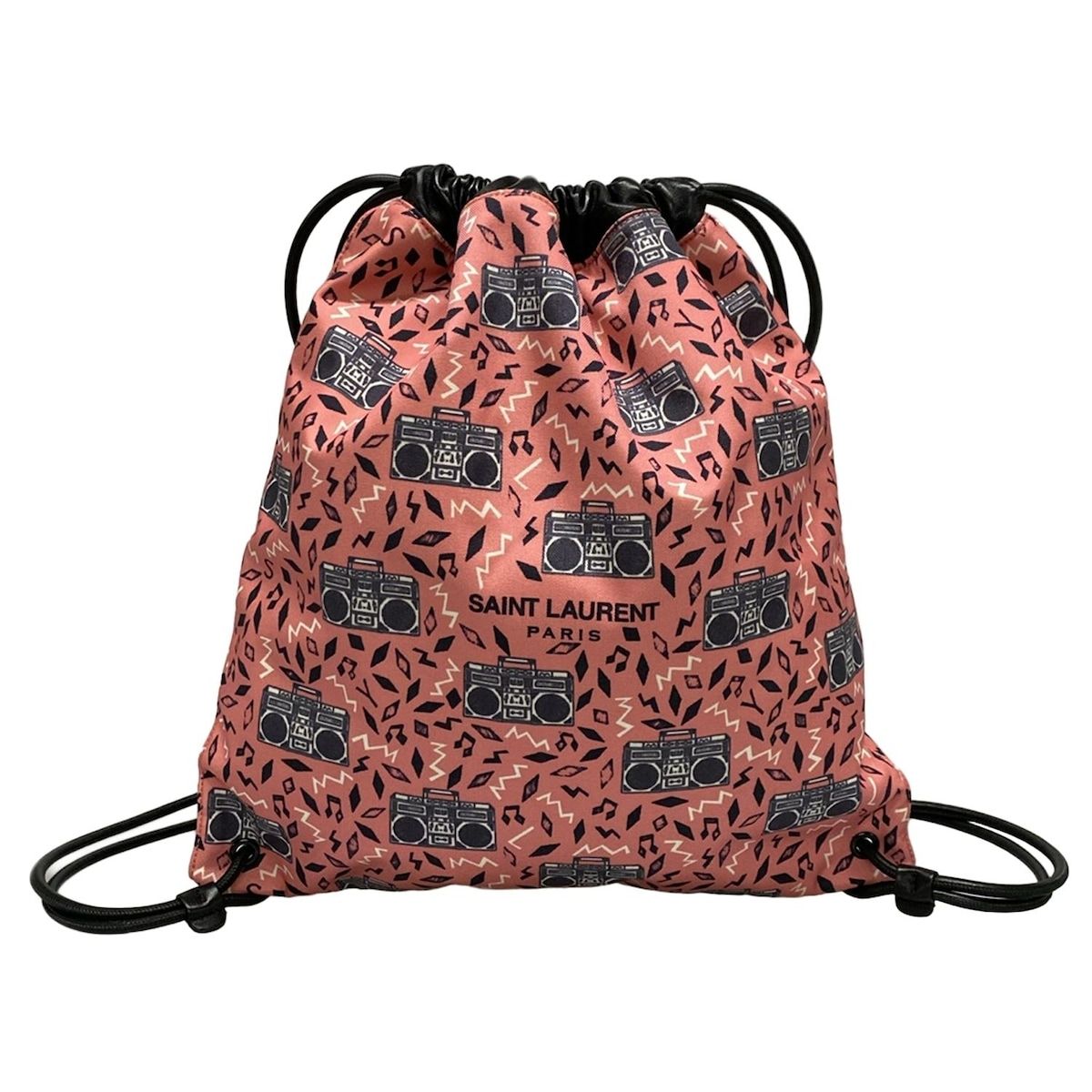 SAINT LAURENT PARIS サンローランパリ リュックサック テディ 553919 ピンク×黒 巾着型 ラジカセ柄 レザー